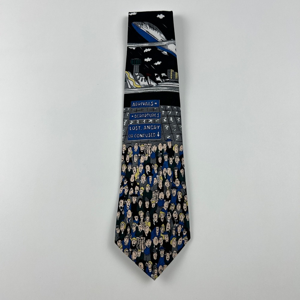 Vintage A. Rogers Air Port Scene Arrivals Departures 100%‎ Polyester Tie Korea